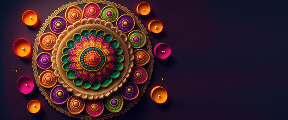 Diwali, festival of lights holiday design with Indian Rangoli, mandala. Purple, yellow colors.