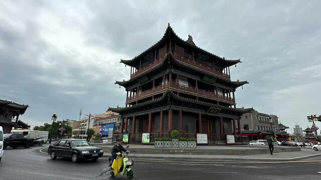Time lapse photography of the Drum Tower in the center of Datong City, Shanxi Province, China,
