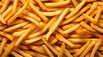 Heap of yummy french fries as textured background, full frame, top view.