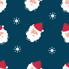 Seamless pattern for Christmas and New Year. The face (head) of Santa Claus on a blue background with white snowflakes.