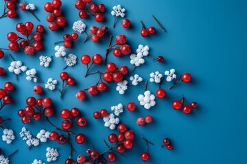 A vibrant mix of red and white berries against a striking blue background