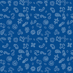 Microbes and Viruses vector Microbiology concept blue outline seamless pattern