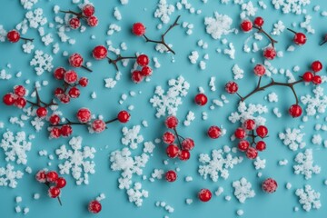 A vibrant display of red and white berries on a vibrant blue surface