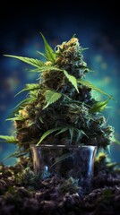Cannabis leaves. Green and purple cannabis foliage. Leaves of marijuana plant on black background. An artistic photograph of medical hemp cannabis