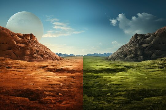 Terraforming, long-term colonization of Mars, process of planetary engineering, planetary environment to support life. Comparison, 2 parts image of two planets, red lifeless and green inhabited