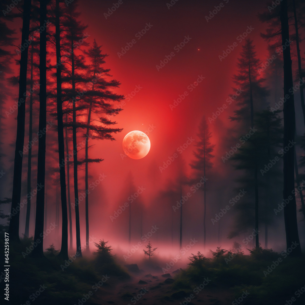 Canvas Prints forest fog scenery with big red moon