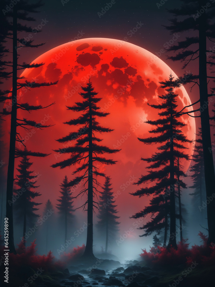 Wall mural forest fog scenery with big red moon