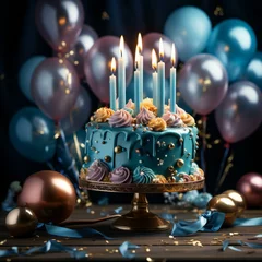 Foto op Canvas beautiful blue birthday cake with candles and balloons for anniversary © lo2salinas