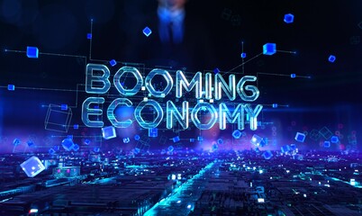 Booming Economy - businessman working and touching with augmented virtual reality at night office.