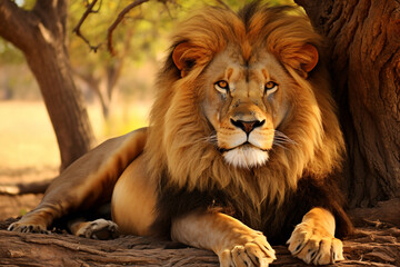 Fototapeta premium a lion laying down in the shade of a tree