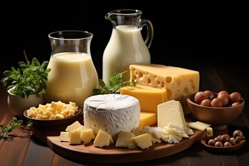 Various dairy products - milk, cream, cheesse on a wooden cutting board