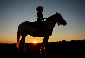 Horseback woman riding on galloping horse with red rising sun on horizon. Beautiful sunset header...