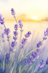 Naklejka premium Watercolor lavender field. AI generated illustration