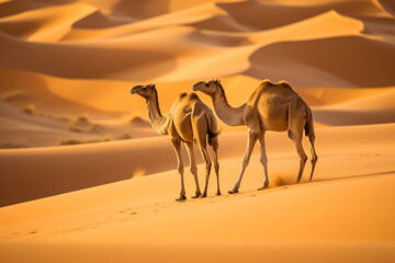two camels walking in the desert with sand dunes