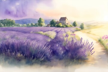 Watercolor lavender field. AI generated illustration - obrazy, fototapety, plakaty