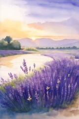 Obraz premium Watercolor lavender field. AI generated illustration