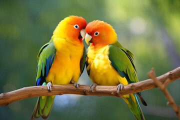 two colorful birds sitting on a branch together