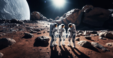 immagine primo piano di astronauti nella tuta spaziale sulla superficie di una luna aliena, spazio scuro e pianeti sullo sfondo - obrazy, fototapety, plakaty