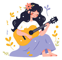 Cute woman playing guitar with flowers cartoon isolated.