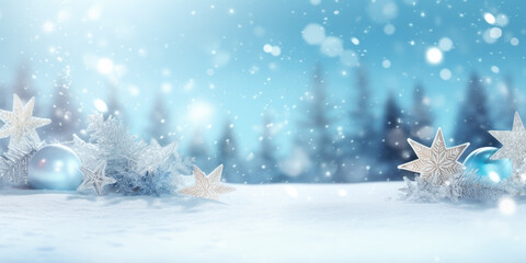 Fototapeta na wymiar Winter season landscape, snowy forest, falling snowflakes, simple snow banner background