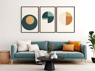 Teal sofa and three frames on white wall. Scandinavian home interior design of modern living room.