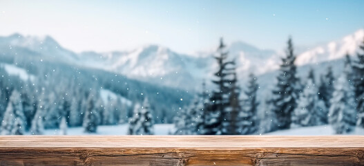 Beautiful magic winter scene with snowy mountains and forest. blurred background of snowy christmas...