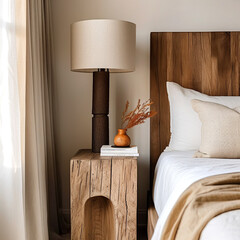 Rustic bedside table made from wood log near bed. Farmhouse interior design of modern bedroom.