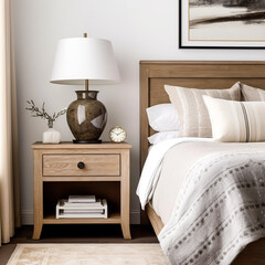 Wooden bedside cabinet near bed with beige bedding. French country interior design of modern bedroom.