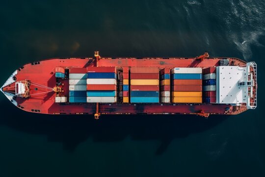 Transportation overseas international shipment delivery logistics fast maritime container cargo ship riding gliding sea ocean drone aerial top footage from sky worldwide business trade trucking.