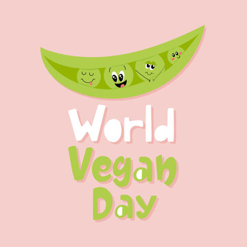Cute card for world vegan day. Hand drawn mascot happy peas. 