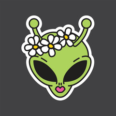 Alien green girl head. Cute flat cartoon patch or sticker. 