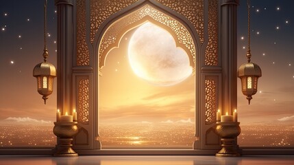 Ramadan celebration illustration template with Arabic lantern. copy space. banner  decoration background. 