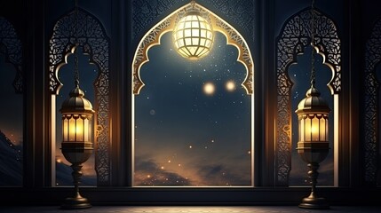 Ramadan celebration illustration template with Arabic lantern. copy space. banner  decoration background.  - obrazy, fototapety, plakaty