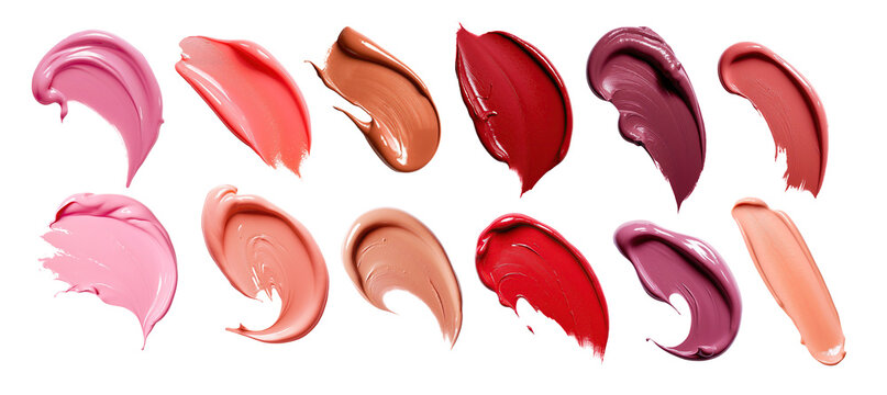Smears of different beautiful lipsticks on transparent background. Makeup product swipe samples. set
