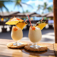 Pina colada alcohol cocktails with pineapple fruits near swimming pool resort beach bar. Summer holiday vacation beach party cocktail drinks