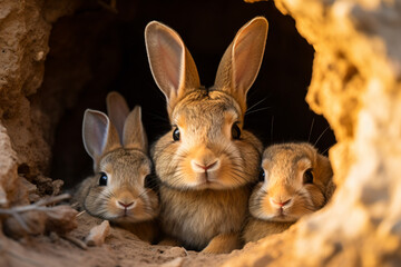 three rabbits are sitting in a hole in the dirt