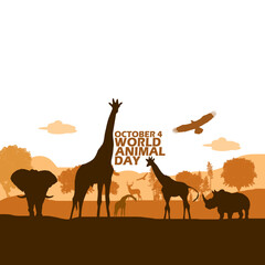Fototapeta na wymiar Wild animals such as giraffes, elephant, rhinos, deer, eagles, trees, hills and bold text to commemorate World Animal Day on October 4