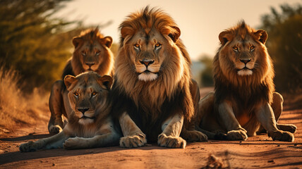 Pride of lions at sunset