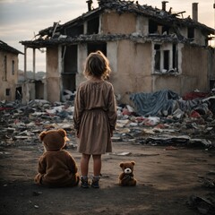 Schmutziges Mädchen steht vor zerstörtem Haus 