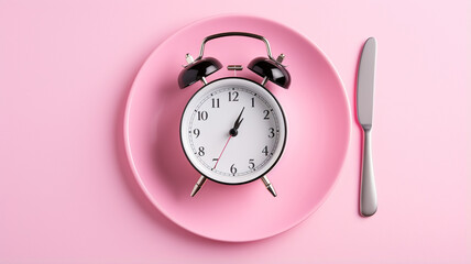 pink alarm clock in a plate with a fork for breakfast
