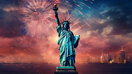 Obraz premium statue of liberty with city background