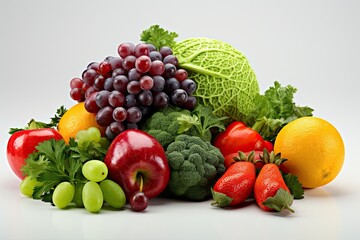 Colorful fresh fruits and vegetables on a white background 