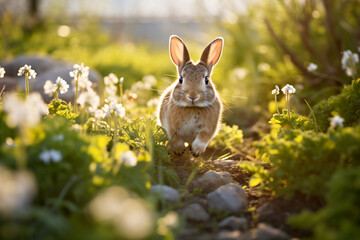 a rabbit is sitting in the grass near some flowers - obrazy, fototapety, plakaty