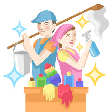 Couple of cleaning workers with box of cleaning products and instruments for mopping and cleanup - vector image