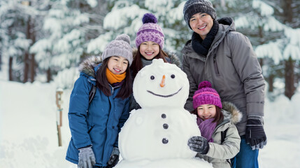 family playing with a snowman. Generative AI