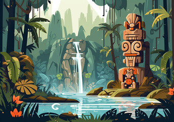 An ancient totem statue in the jungle by the lake. Waterfall in the background.