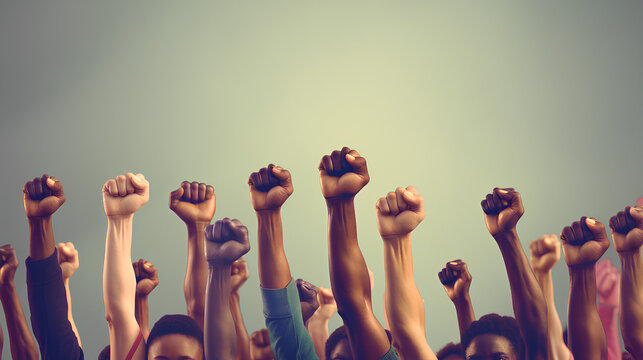 Multi ethnic people raising their fists up in the air