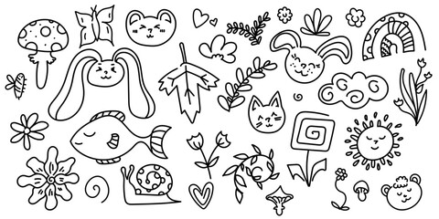 Doodle illustrations. Cute animals and leaves. Vector.