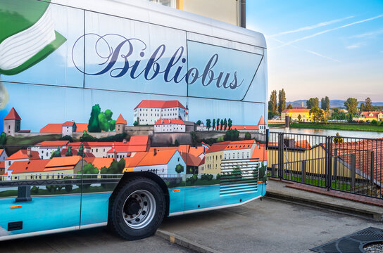Ormoz, Slovenia - July 14, 2023: Bibliobus is a Ptuj traveling library with 16m bookshelves and 6,000 books