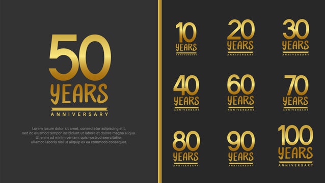 set of anniversary logo flat golden color number on black background for celebration